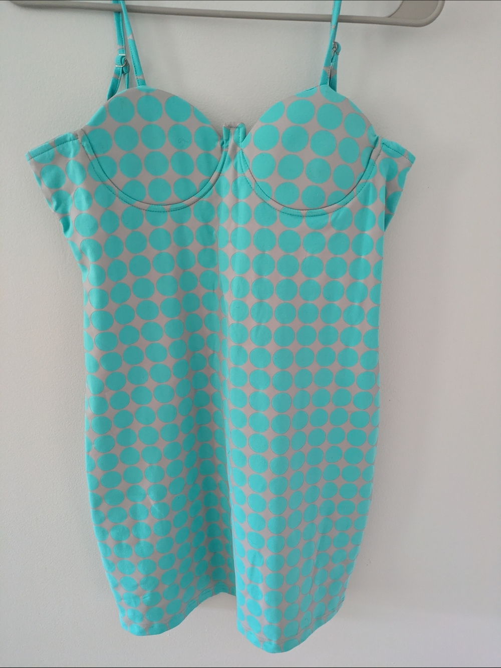 Shane Justin Turquoise Polka Dot Bustier Dress XL Optical Illusion Mini Mod 60s